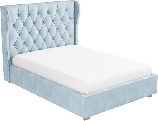 Safina Light Blue Velvet Double Ottoman Bed with Winged Headboard