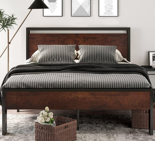 SHA CERLIN 14 Inch Metal Platform Bed Frame with Wooden Headboard and Footboard, Mattress Base, No Box Spring Needed, Large Storage Space Under Bed, Non Slip