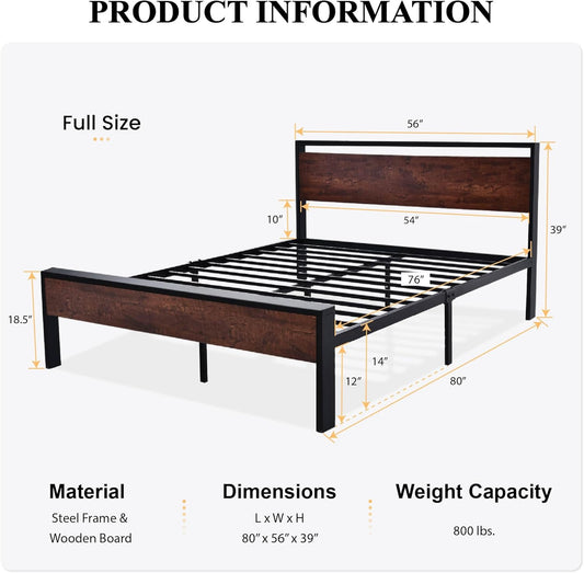 SHA CERLIN 14 Inch Metal Platform Bed Frame with Wooden Headboard and Footboard, Mattress Base, No Box Spring Needed, Large Storage Space Under Bed, Non Slip