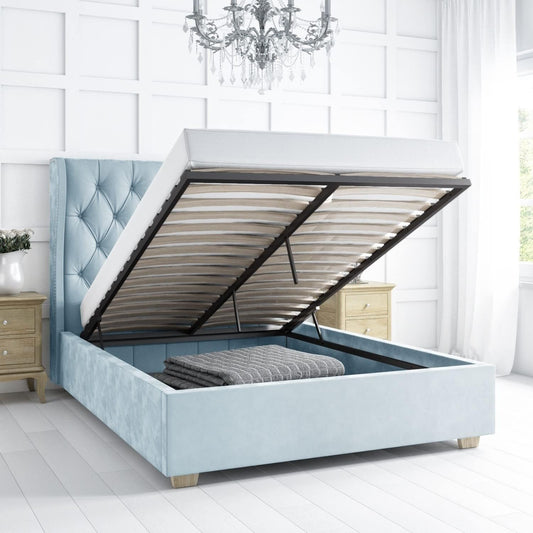 Safina Light Blue Velvet Double Ottoman Bed with Winged Headboard